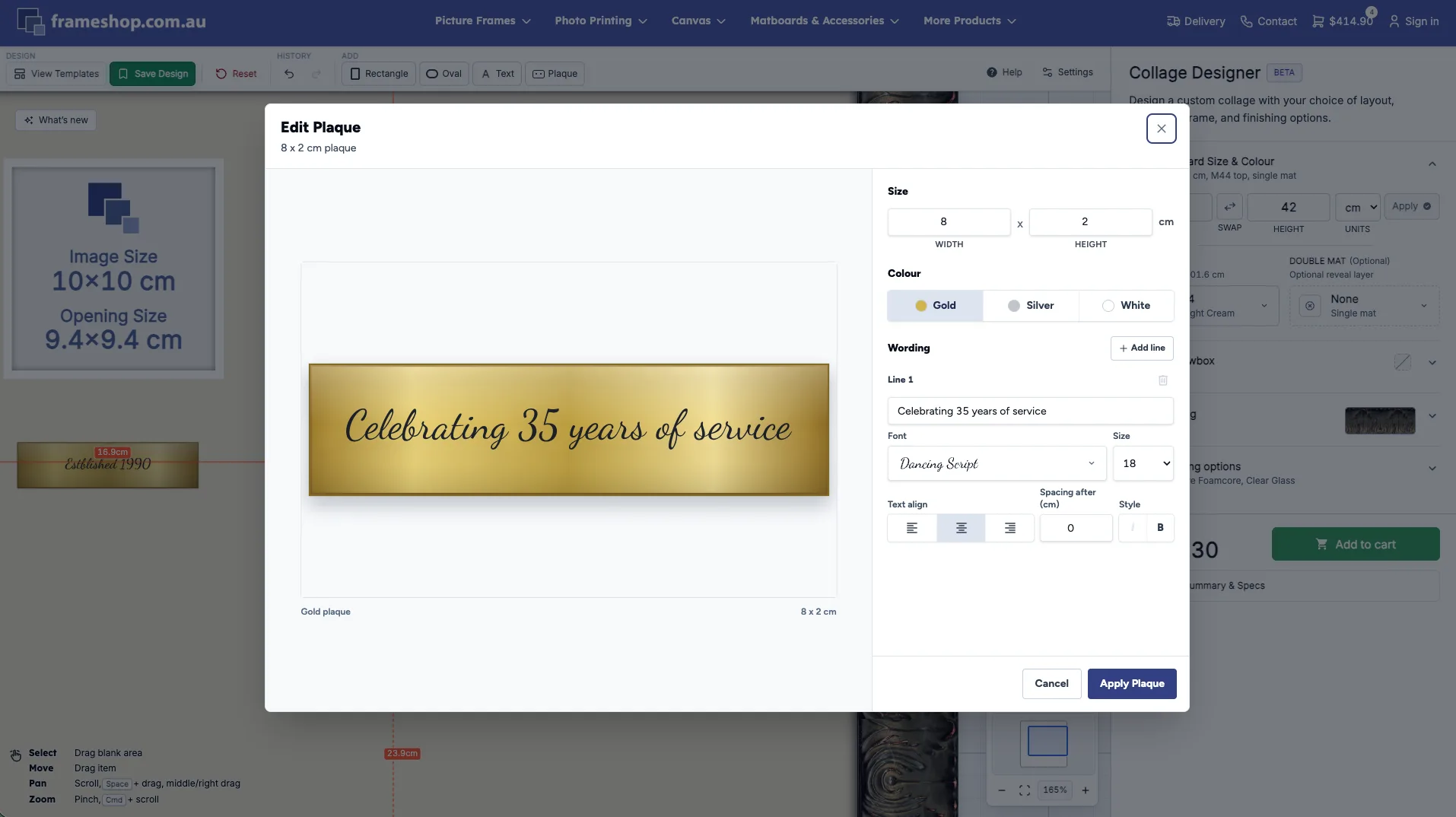 Collage Designer plaque editing dialog with wording, colour and size controls