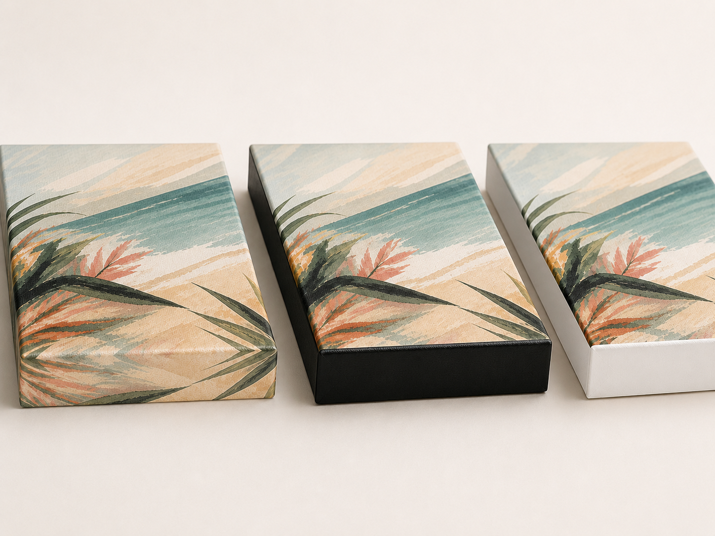Three stretched canvas samples showing mirror, black, and white edge wrap finishes