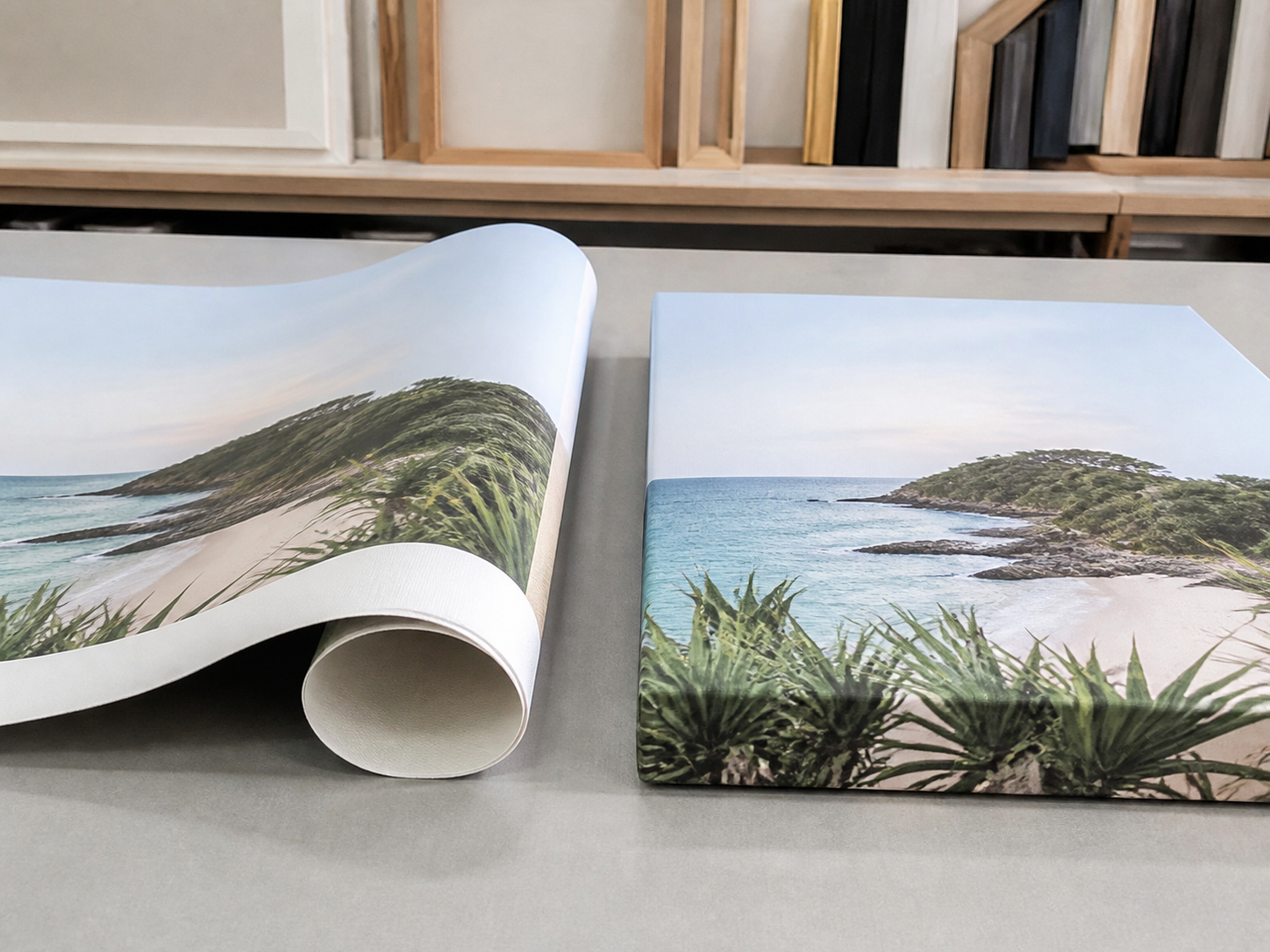 Print-only canvas beside a finished stretched canvas