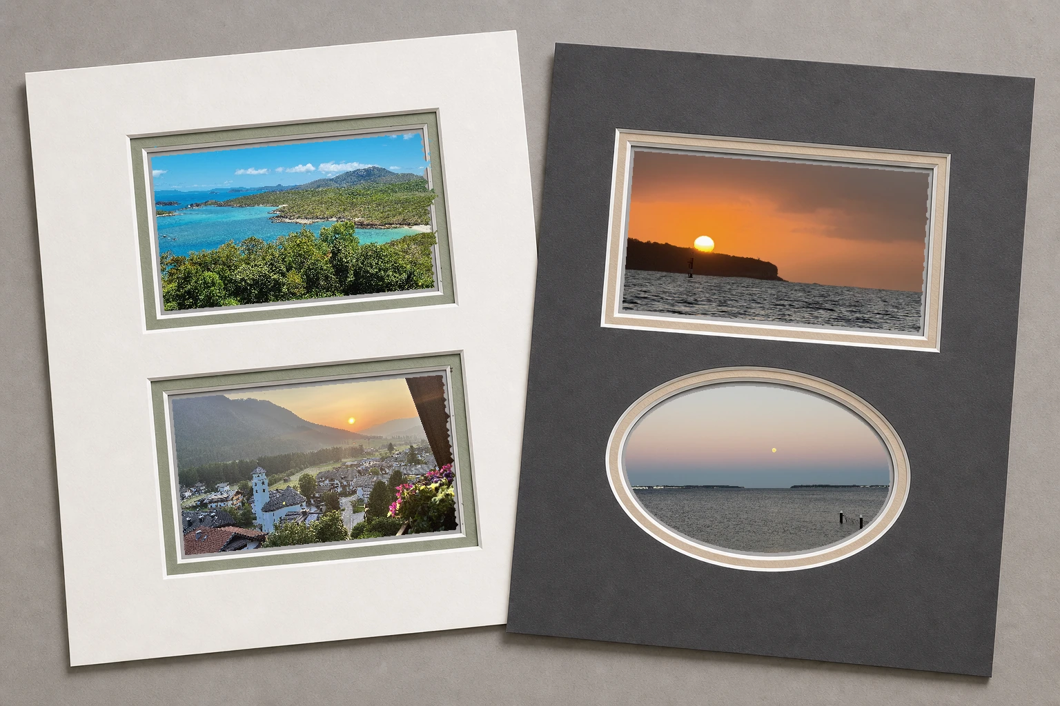 Two loose layered collage matboards with rectangular and oval openings, coloured inner reveals, and travel photographs