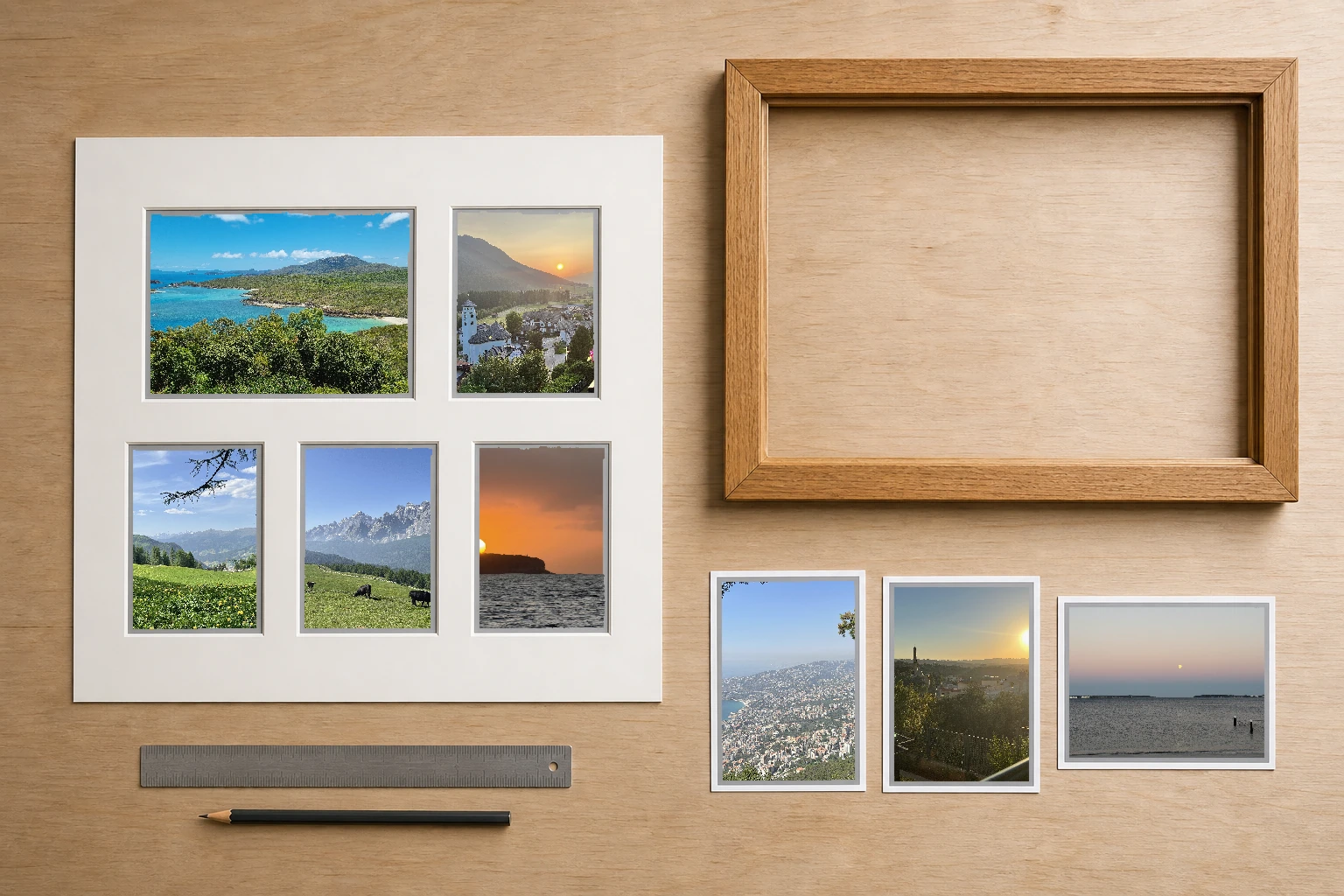Loose five-opening collage matboard, empty timber frame, ruler, and travel photo prints arranged for planning