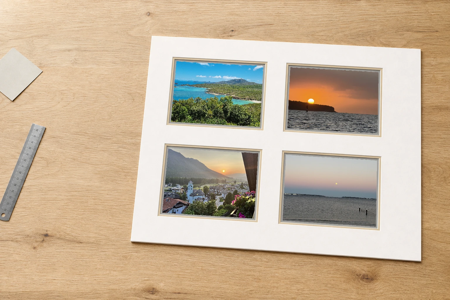 Loose warm-white four-opening collage matboard displaying coastal and sunset photographs on a timber work surface
