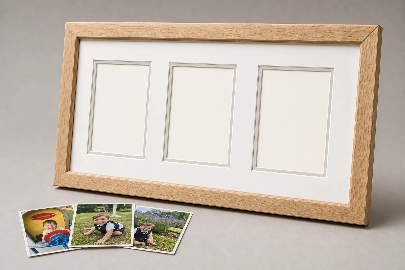 Empty natural oak collage frame with three blank matboard openings and loose family photo prints ready to be fitted