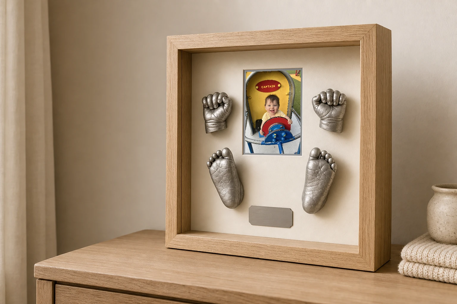 Deep natural oak shadow box displaying silver baby hand and foot castings with a baby portrait